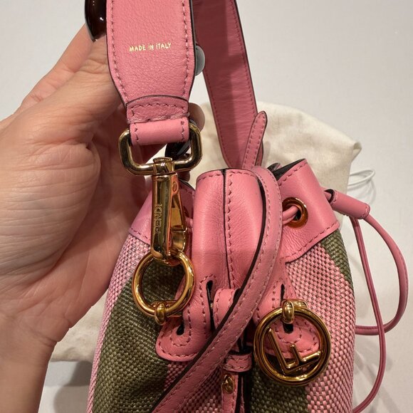 Fendi Mini Mon Tresor Bucket Bag Pequin Raffia w/ Dustbag - Green / Pink - Picture 5 of 10